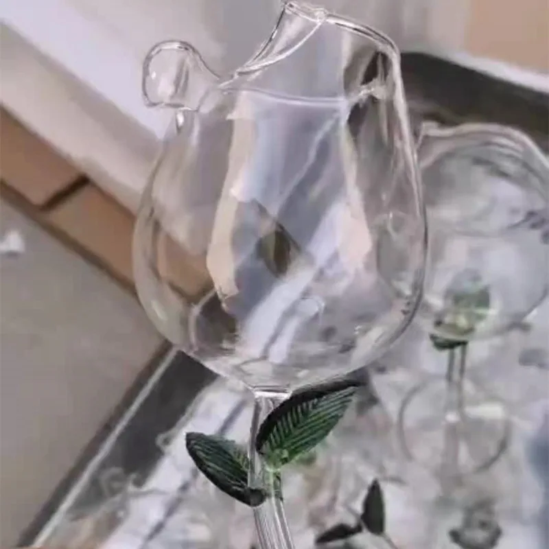 Household Rose Shaped Red Wine Glass Kitchen Gadgets Transparent Green Leaves - Shop at LoveMi