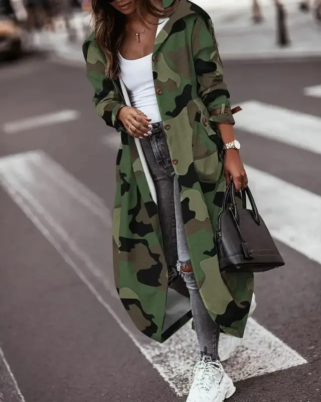 Fashion Personality Casual Lapel Mid length Trench Coat Women Camoflage - Shop at LoveMi