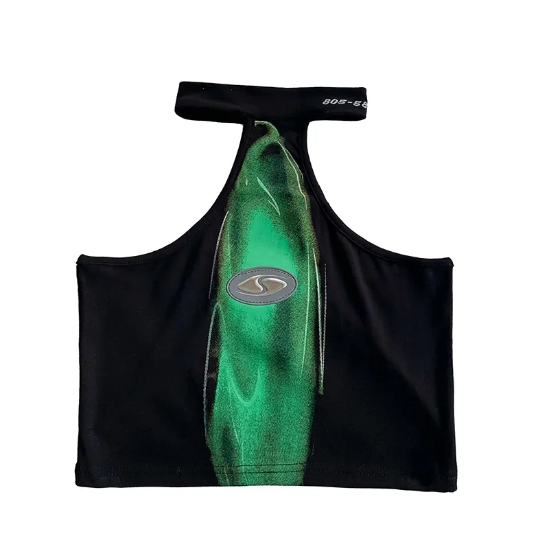 Off Shoulder Halter Abstract Spice Crop Green Print Tank Top Green - Shop at LoveMi