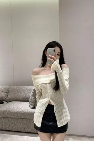 Women's Slim Short Lazy Long Sleeve Knit Pullover Sweater - Sweater
