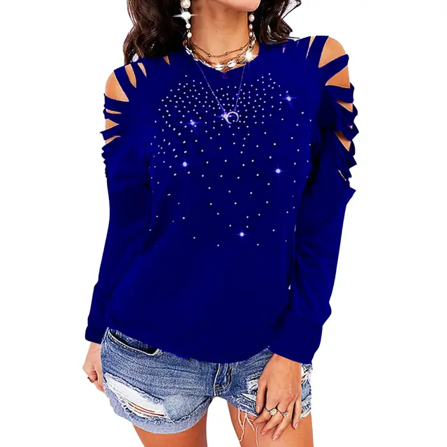 New Round Neck Hot Drill Hollow Long sleeved T shirt Blue - Shop at LoveMi
