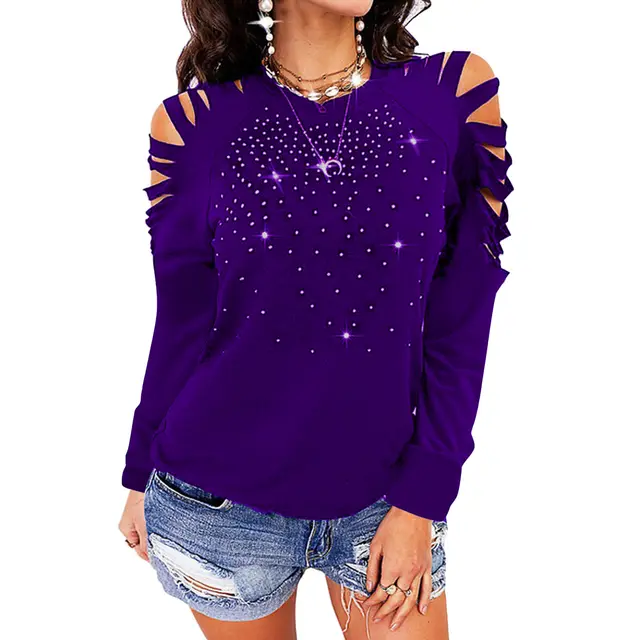 New Round Neck Hot Drill Hollow Long sleeved T shirt Purple - Shop at LoveMi