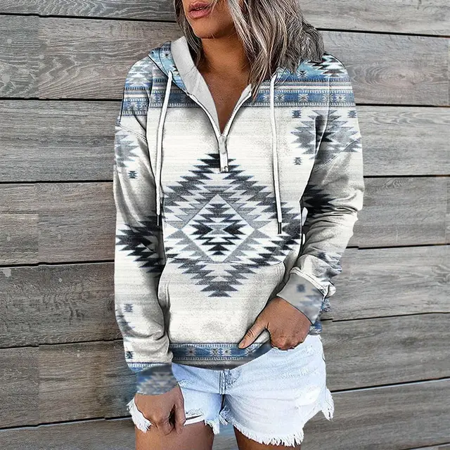 European And American Women's Zip Pocket Print Casual Hoodie 5Color - Shop at LoveMi