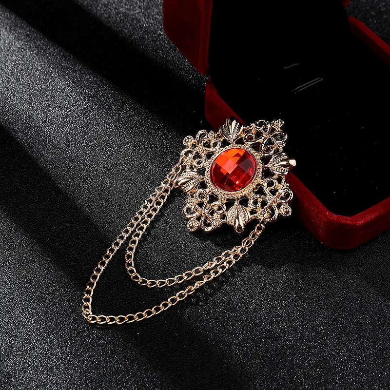 Retro Court Style Gemstone Brooch Men's Suit - Golden Ruby