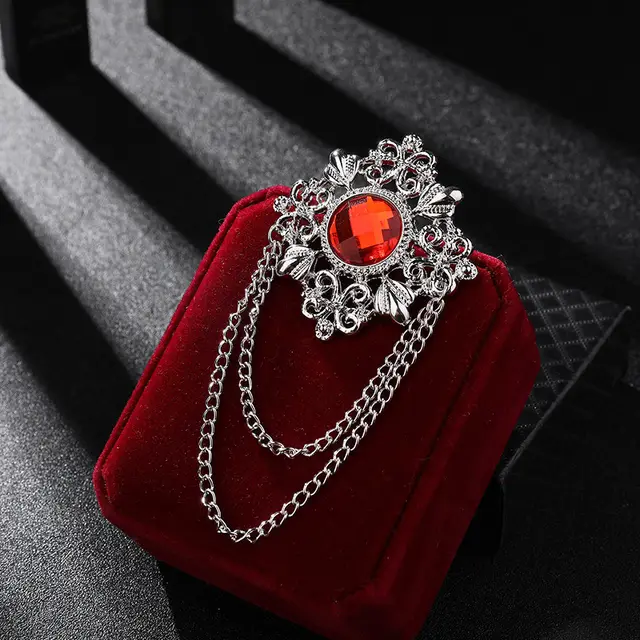Retro Court Style Gemstone Brooch Men's Suit Silver Ruby - Shop at LoveMi