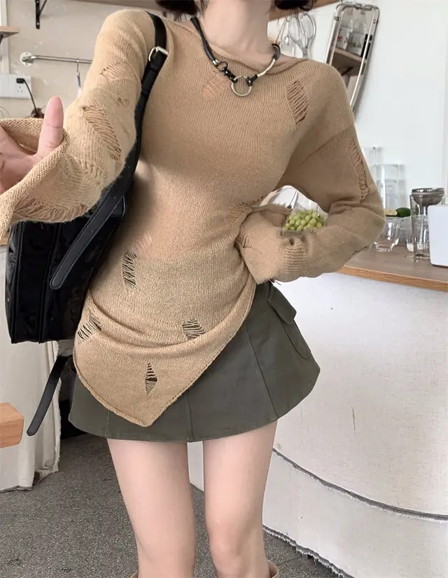Slim Fit Ripped Round Neck Sweater Gentle Autumn Long sleeved Inner Top Coffee - Shop at LoveMi