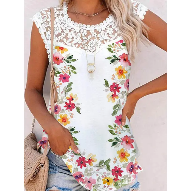 Summer Print Crew Neck Lace Trim Casual Loose Women's Tank Top Picture5 - Shop at LoveMi