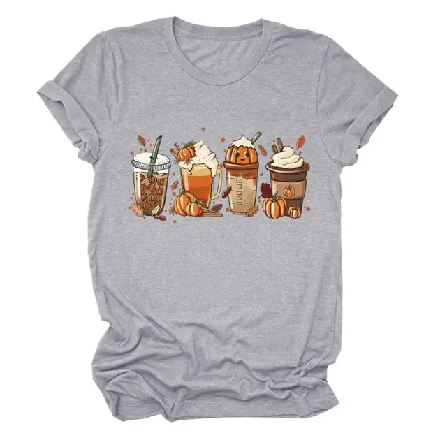 Women's Loose New Print Short Sleeve European And American Fashion T shirt Top Light Gray Color Picture - Shop at LoveMi