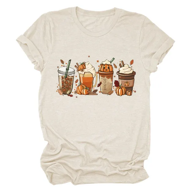 Women's Loose New Print Short Sleeve European And American Fashion T shirt Top Sand Color - Shop at LoveMi