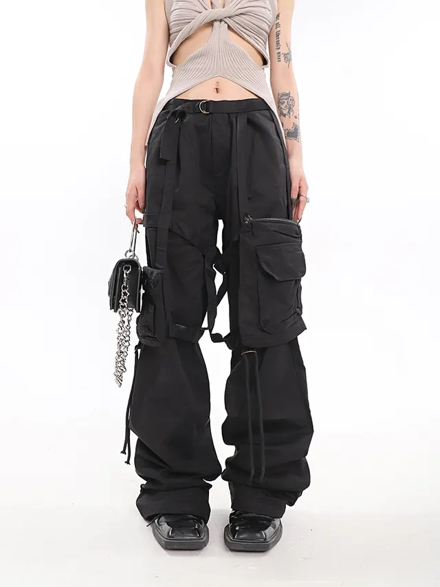 Women's Multi pocket Tooling Ribbon High Waist Casual Wide Leg Pants Black - Shop at LoveMi