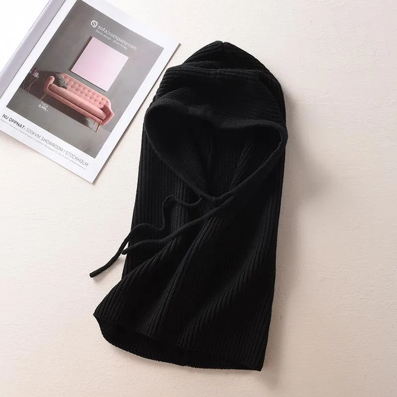 Women's Solid Color Cashmere Sweater Hat And Scarf In One Black - Shop at LoveMi