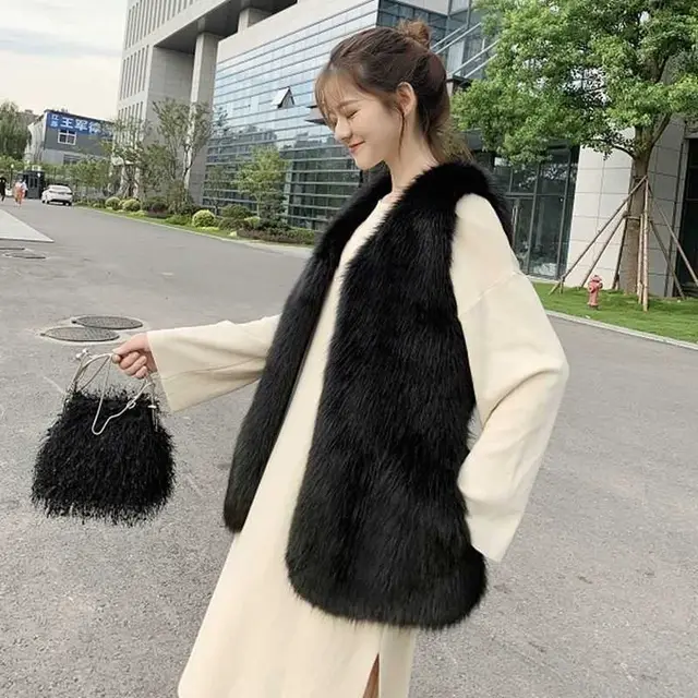Fox Fur Vest Women's Mid length Coat Black - Shop at LoveMi