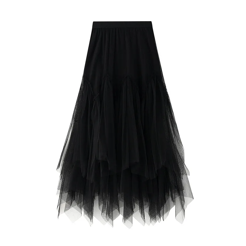 Skirt Autumn And Winter Women's Mid length A Line Skirt Tulle Tutu Skirt Long Skirt Mesh Irregular Pleated Skirt Black - Shop at LoveMi