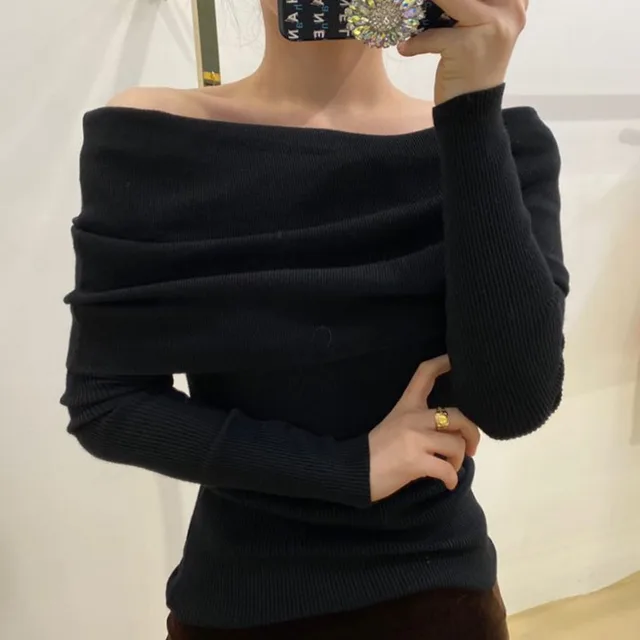 Women's Slim fit Long sleeve Pullover Knitted Sweater With A Sense Of Design Black - Shop at LoveMi