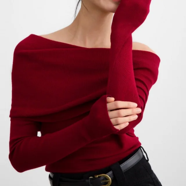 Women's Slim fit Long sleeve Pullover Knitted Sweater With A Sense Of Design Red - Shop at LoveMi
