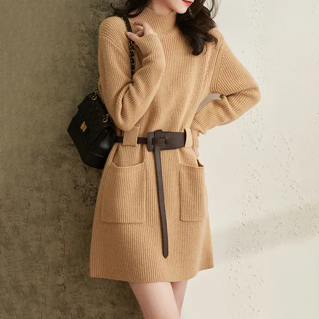 Spring And Autumn Knitted Bottoming Half Turtleneck Dress Camel Brown - Shop at LoveMi