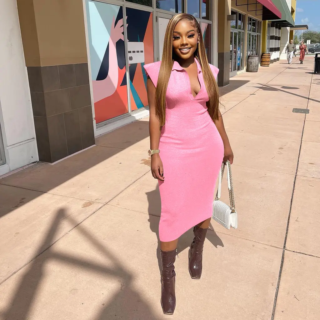 Slim Fit Solid Color Roman Cloth Sleeveless Dress - Pink