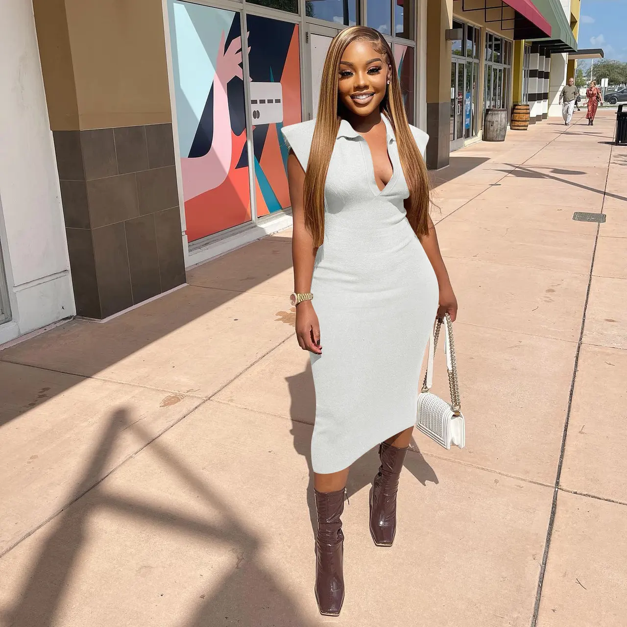 Slim Fit Solid Color Roman Cloth Sleeveless Dress - White