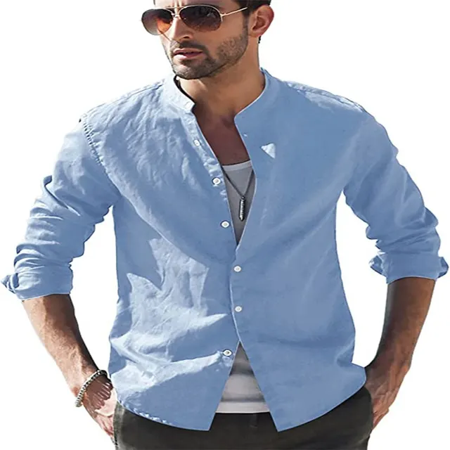 Men's Solid Color Retro Casual Loose Top Sky Blue - Shop at LoveMi
