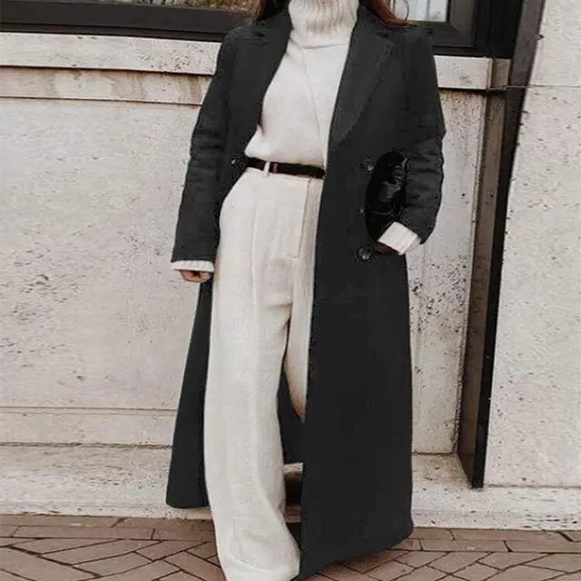 Women's Retro Urban Lapel Slim Fit Woolen Jacket Trench Coat - Black