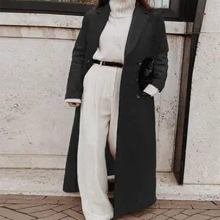 Women's Retro Urban Lapel Slim Fit Woolen Jacket Trench Coat - Black