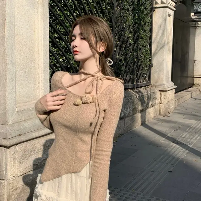 Long Sleeve Irregular Halter Neck Tie Bottom Knit Top Khaki - Shop at LoveMi