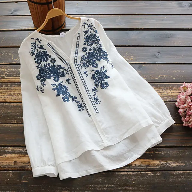 V Neck T Shirt Vintage Long Sleeve Pullover Embroidered Blouse White - Shop at LoveMi