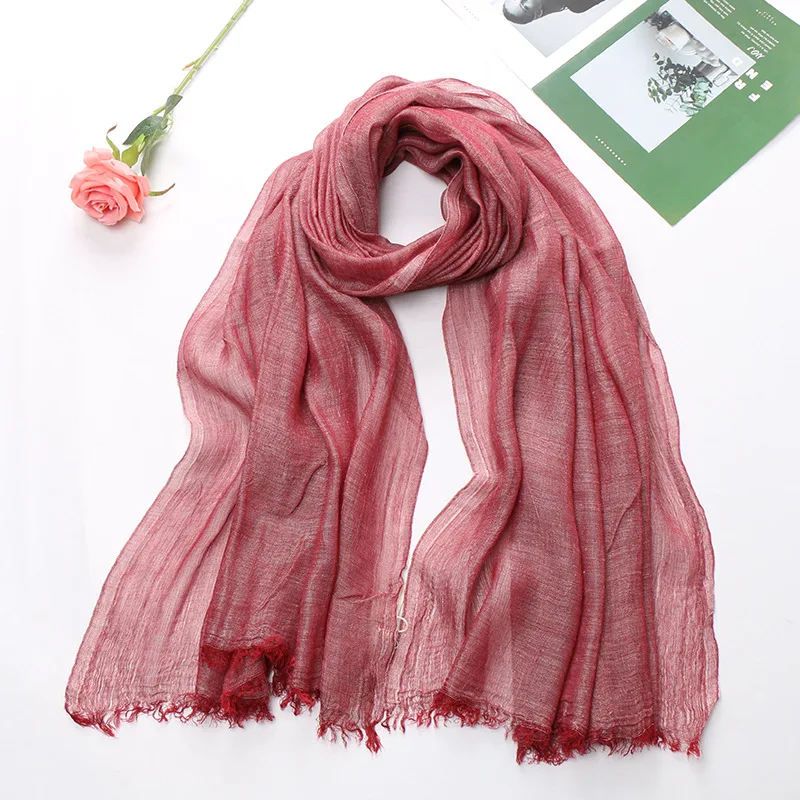 Popular Cotton And Linen Tie-dye Monochrome Women's Pleated Breathable Scarf - Big Red