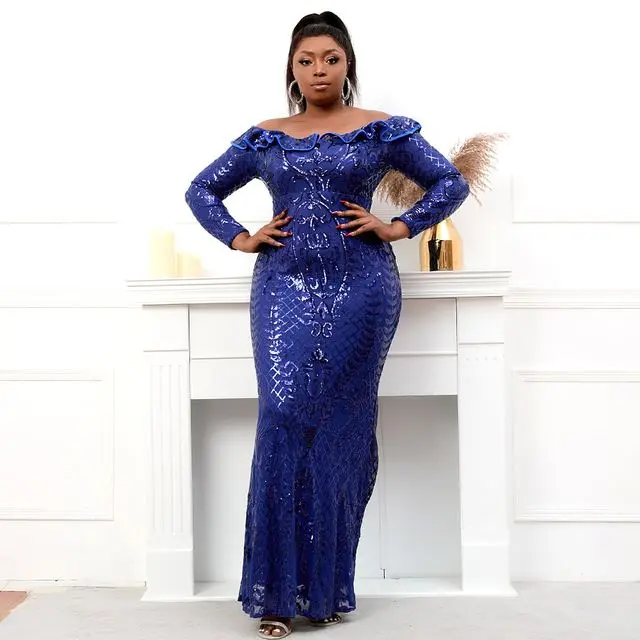 Plus Size Women Long Sve Bla GoSequin Evening Dress Ele Blue - Shop at LoveMi