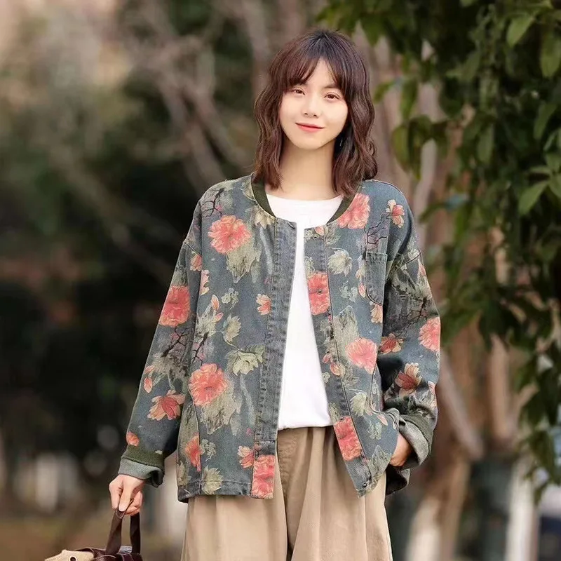 Women's Ethnic Literary Retro Print Denim Jacket 1Suit - Shop at LoveMi