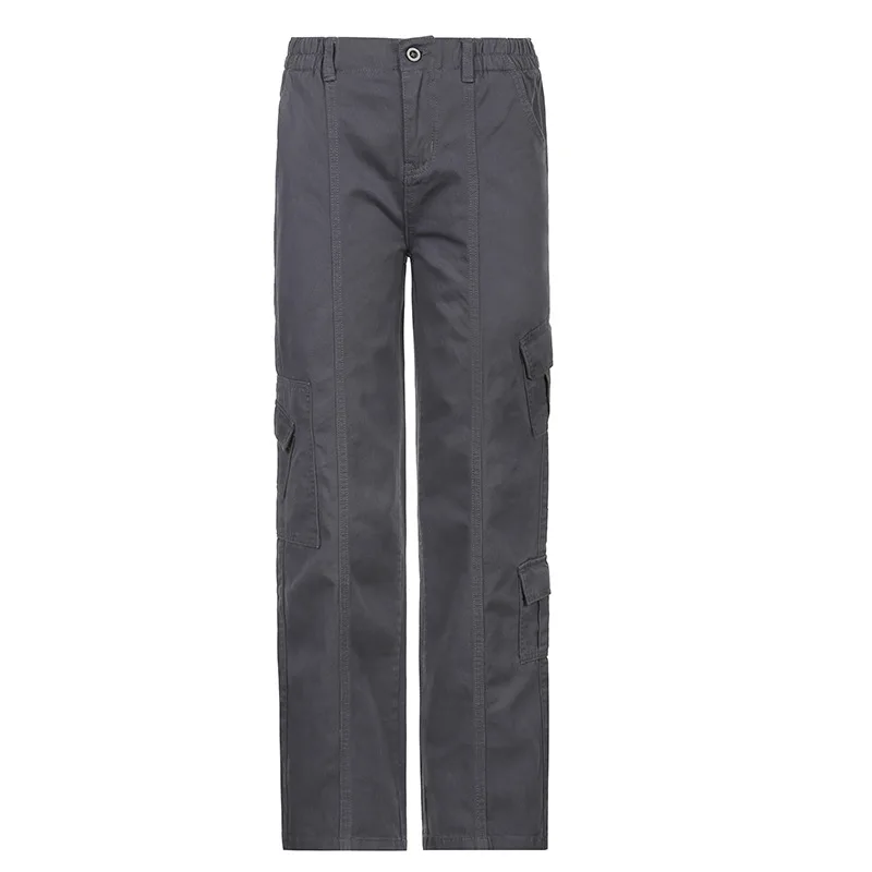 New Women's Low Waist Multi Pocket Casual Cargo Pants - Dark Grey