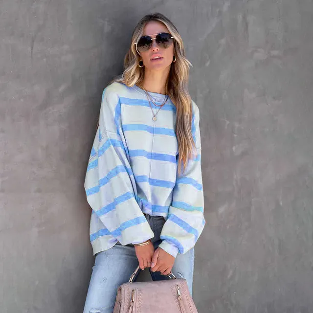 Women's Fashion Striped Printed Long Sleeve Casual Loose Top Blue - Shop at LoveMi