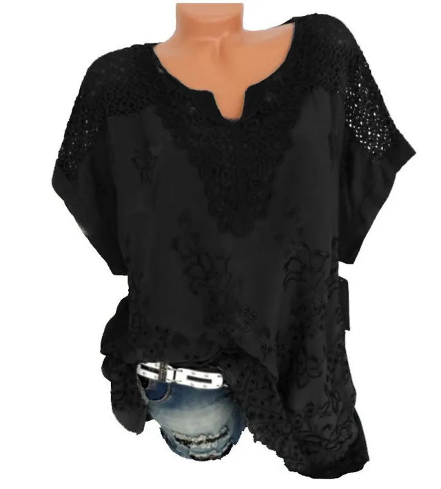 Fashion Solid Color V Neck Lace Patchwork Ladies Top Black - Shop at LoveMi