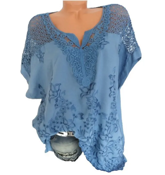 Fashion Solid Color V Neck Lace Patchwork Ladies Top Blue - Shop at LoveMi