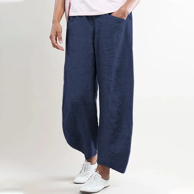 Women's Fashion Solid Color Loose Casual Wide Leg Pants Trousers Blue - Shop at LoveMi