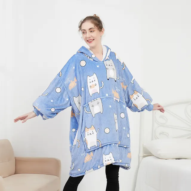 Women's Hooded Lazy Blanket Flange Sherpa Sweatshirt Blue Cat - Shop at LoveMi