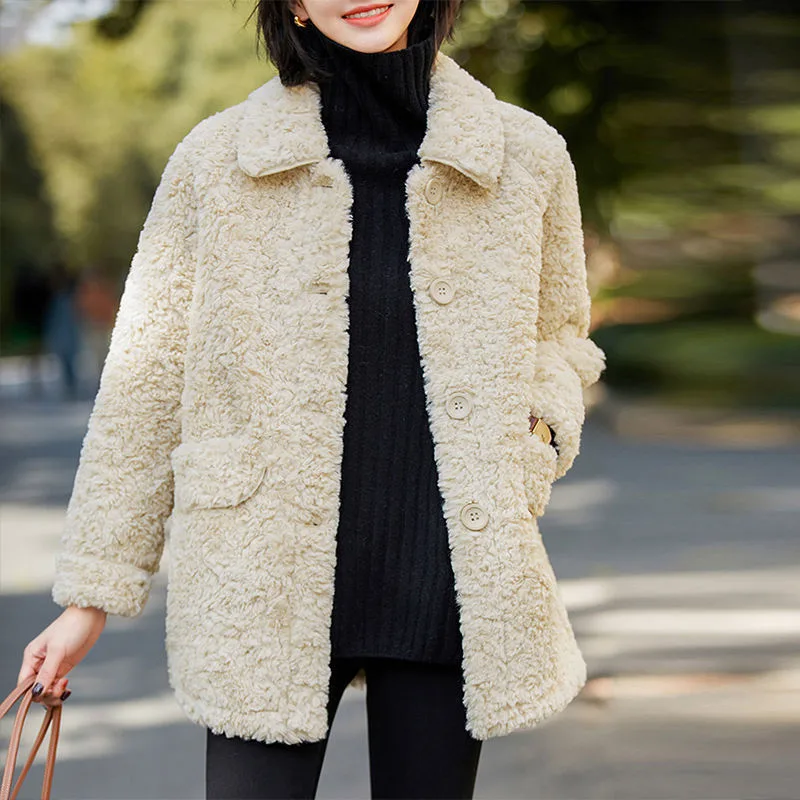 Women's New Fleece And Thickened Lamb Wool Lapel Loose Top Beige - Shop at LoveMi