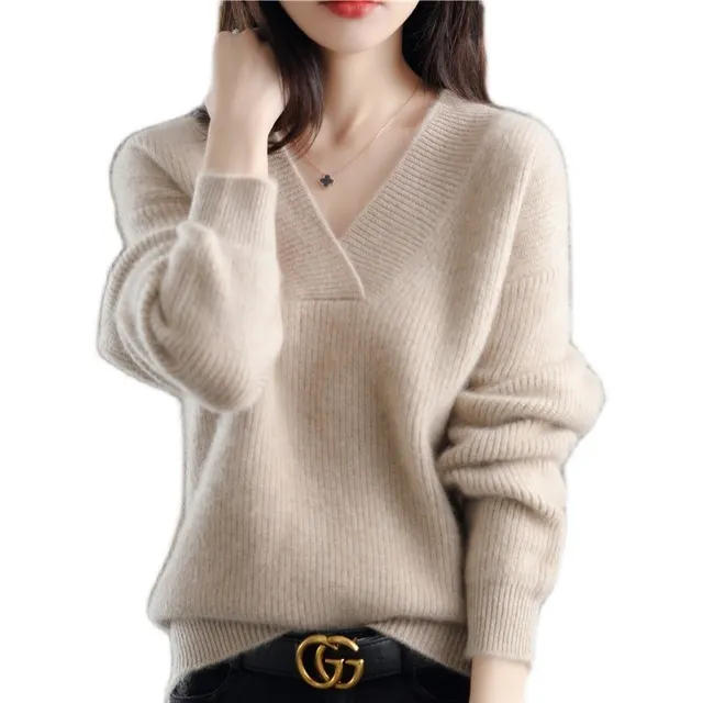 Women's New V Neck Loose Knitted Sweater Beige - Shop at LoveMi