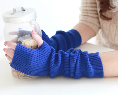 Women Autumn And Winter Long Thick Cashmere Arm Sleeves Blue - Shop at LoveMi