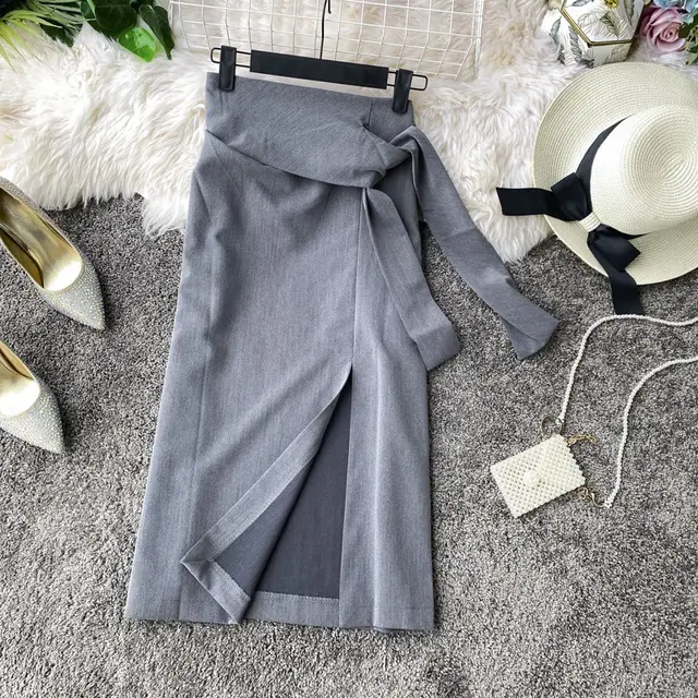 Spring And Autumn New Style All match Side Slit Skirt Women's Mid length Dark Grey - Shop at LoveMi