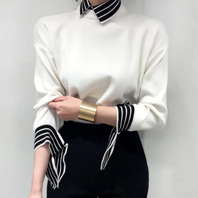 Slim Fit Cuff Taped Striped Contrast Pullover Sweater Top White - Shop at LoveMi