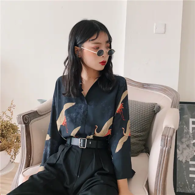 Vintage Crane Print V Neck Shirt Ladies Black - Shop at LoveMi