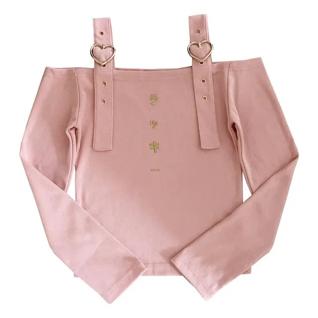 Japanese Embroidered Off Shoulder Long Sleeve Slim Fit T Shirt Pink Embroidery - Shop at LoveMi