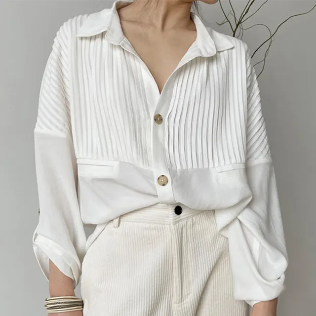 Women's Pit Strip Design Pleated White Shirt White - Shop at LoveMi