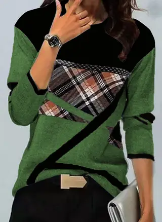 Women's New Contrast Color Positioning Printed Round Neck Long Sleeve T-shirt - Green Plaids
