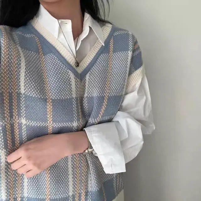 V neck Sweater Vest Layered Knitted Loose Bottom White Shirt Women Blue - Shop at LoveMi
