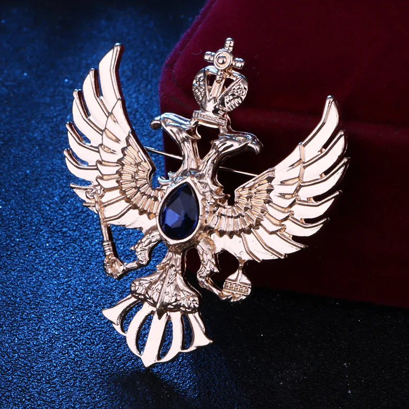 Crown Eagle Brooch Men's Suit Jacket Pin - Blue Diamond On Gold Large
