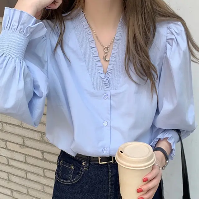 V Neck Pleated Fungus Trimmed Puff Sleeves Blue - Shop at LoveMi