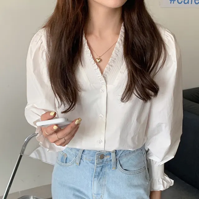 V Neck Pleated Fungus Trimmed Puff Sleeves White - Shop at LoveMi