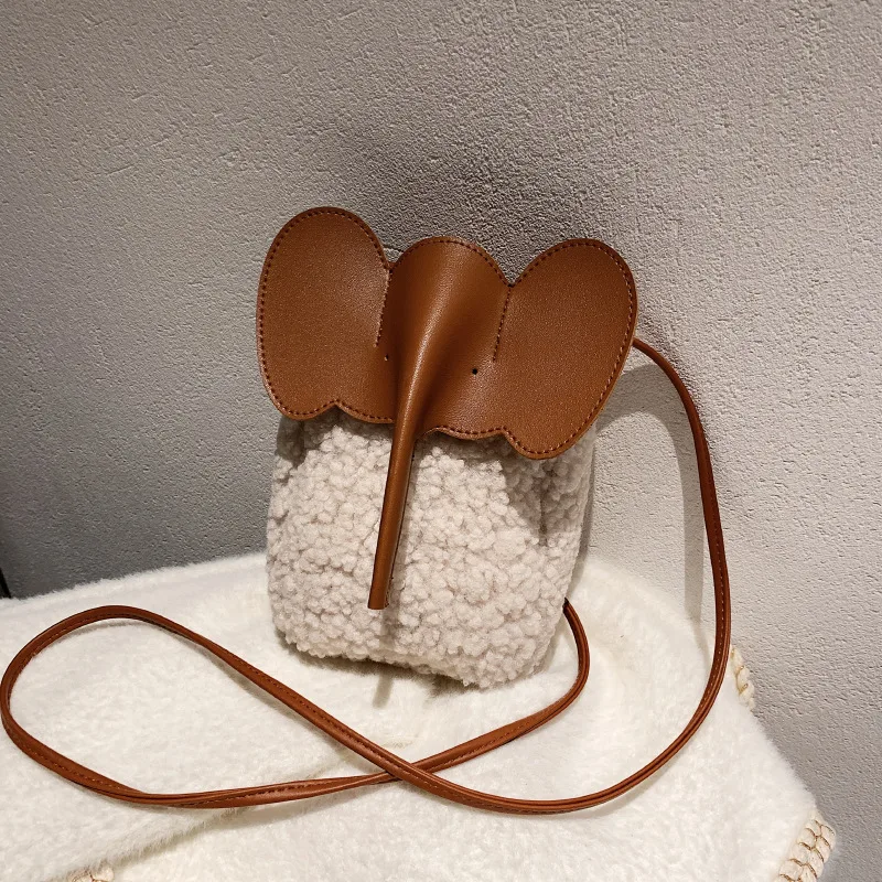 Cute Elephant Trunk Design Crossbody Shoulder Bags Winter Lamb Mobile Phone Bag For Women White - Shop at LoveMi